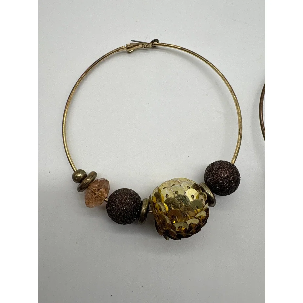 Gold Tone Large Beaded Hoop‎ Earrings Sequin Glitter Warm Accents J935